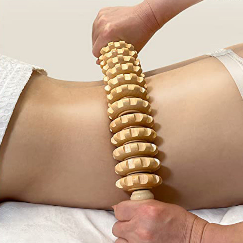 12-Wheel Fascia Massage Roller – Wooden Yoga Roller